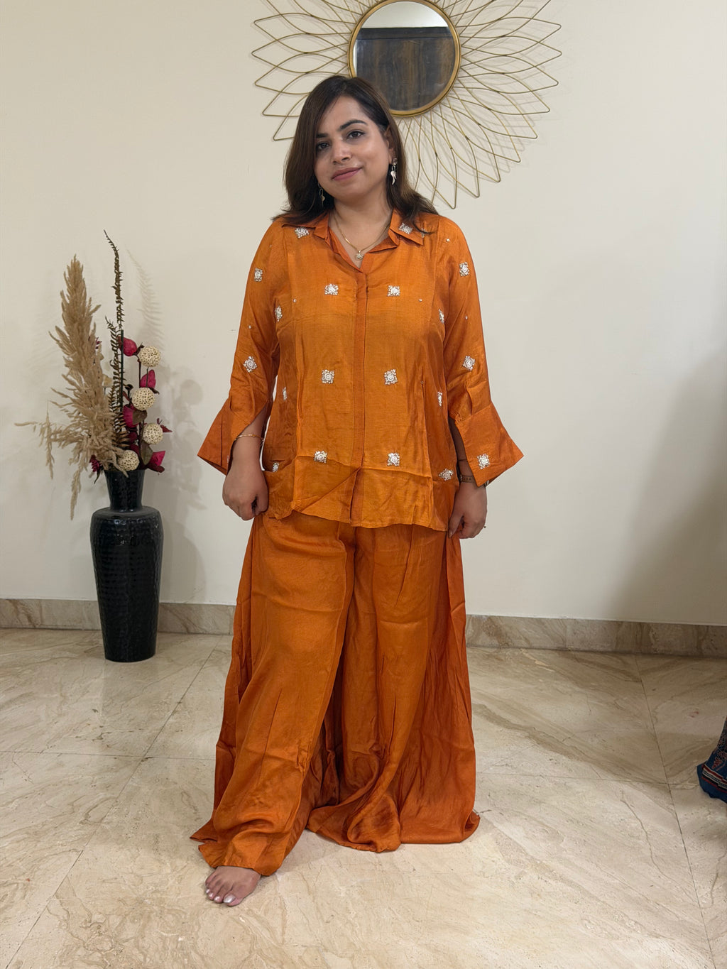 Burnt Orange Cotton Silk Coord Set with Zardozi-Embroidered Shirt