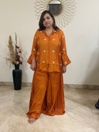 Burnt Orange Cotton Silk Coord Set with Zardozi-Embroidered Shirt
