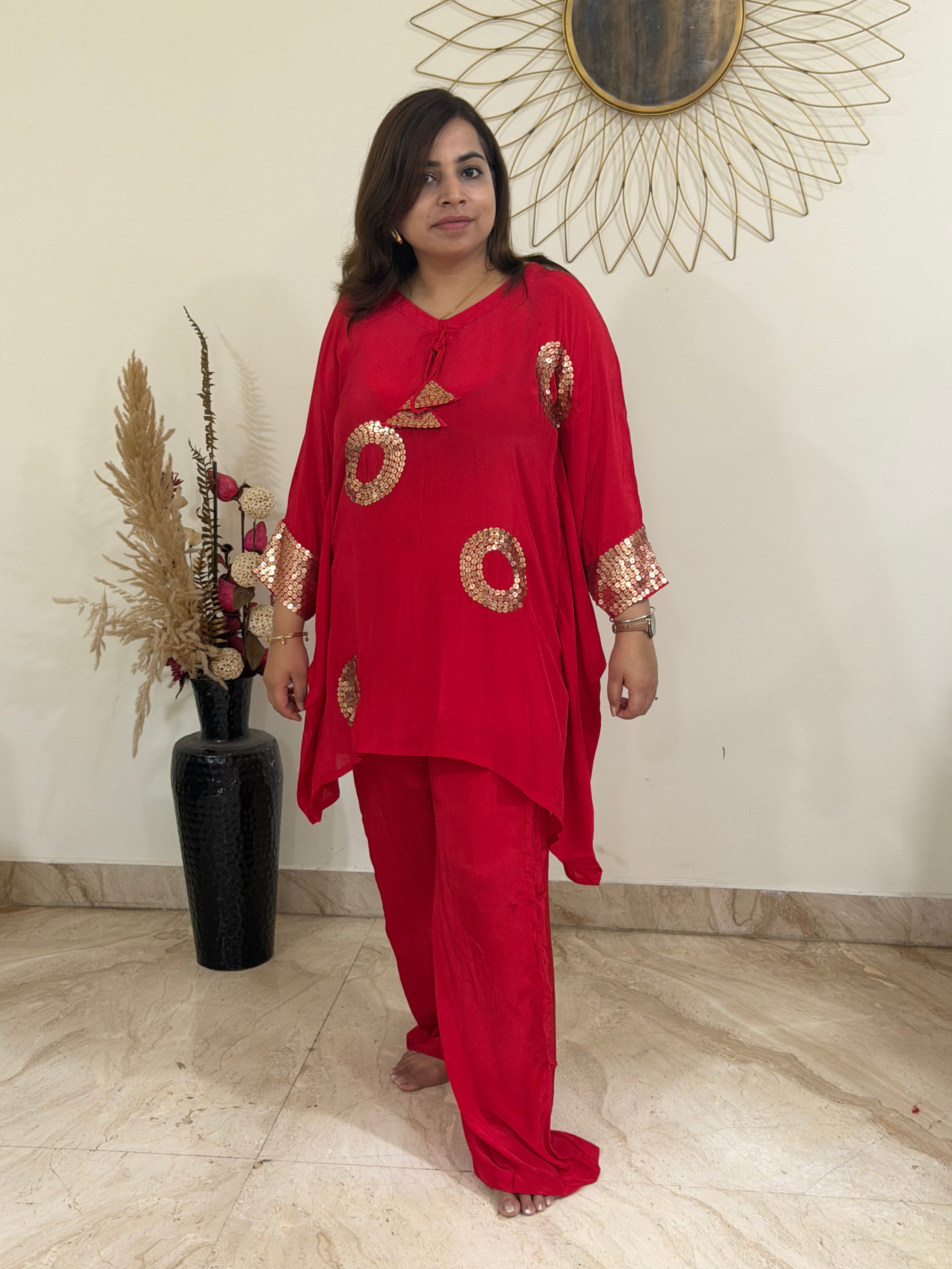 Red Masaba Kaftan Coord Set with Sequin Embellishment