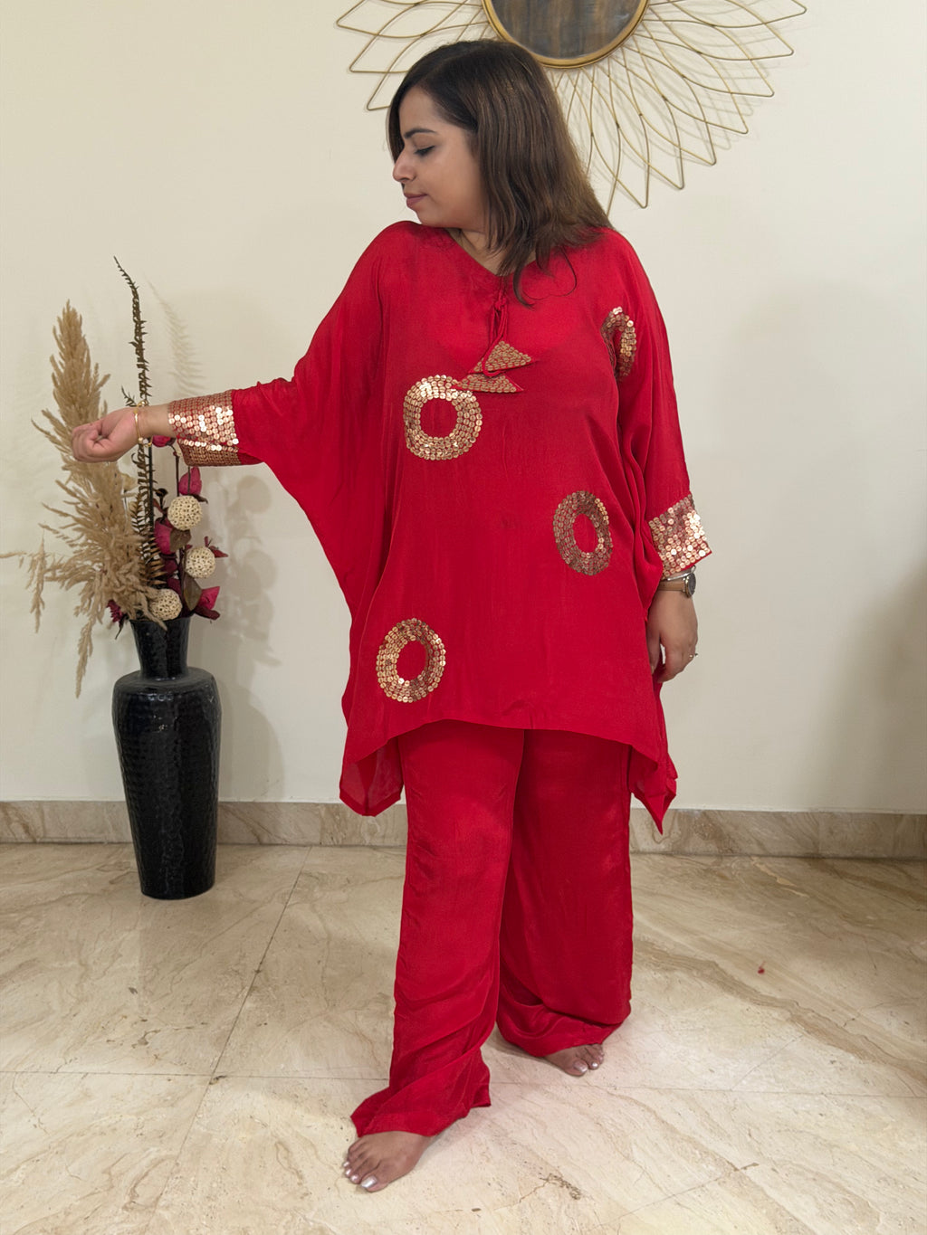 Red Masaba Kaftan Coord Set with Sequin Embellishment
