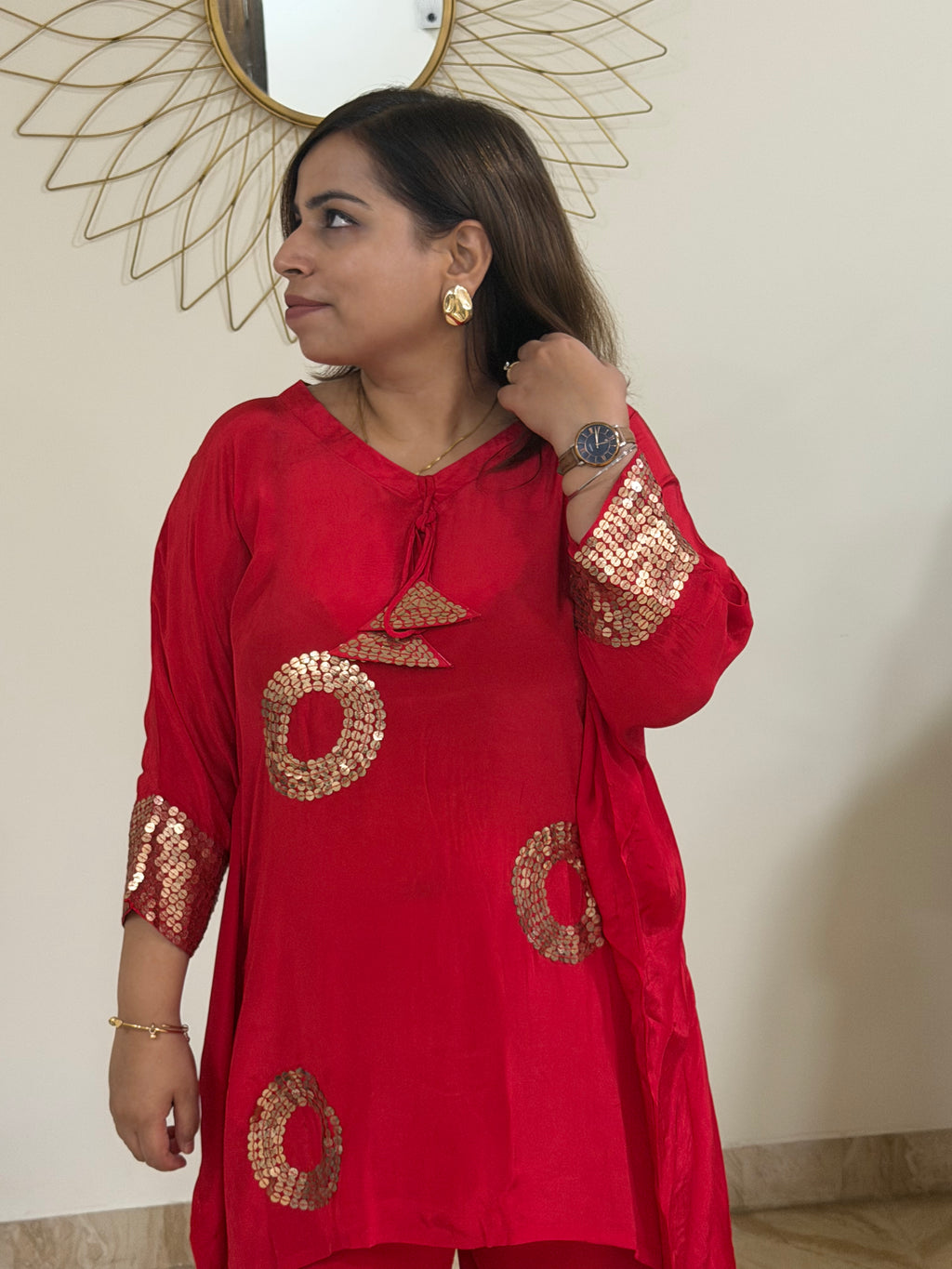 Red Masaba Kaftan Coord Set with Sequin Embellishment