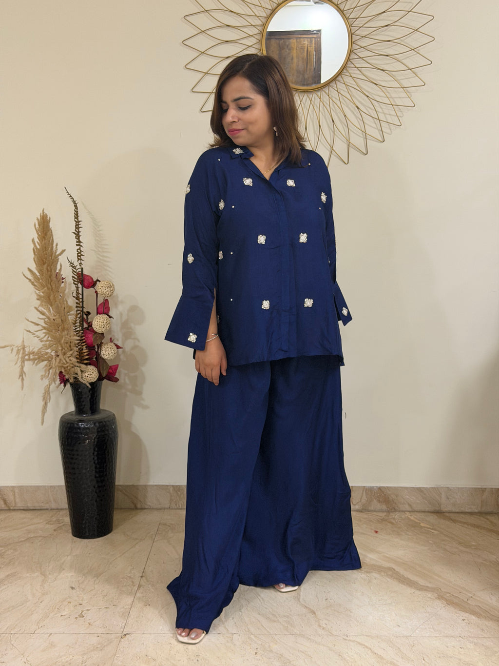 Navy Blue Cotton Silk Coord Set with Zardozi-Embroidered Shirt