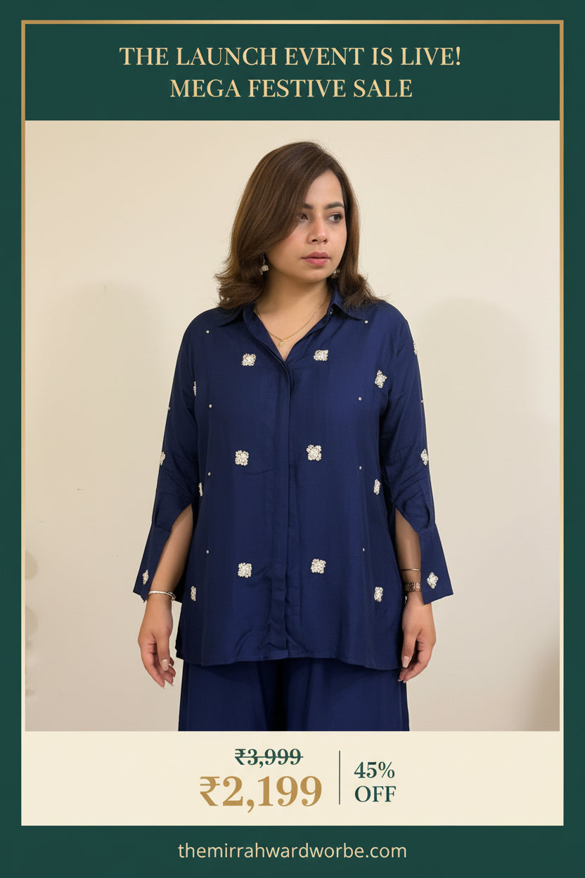 Navy Blue Cotton Silk Coord Set with Zardozi-Embroidered Shirt