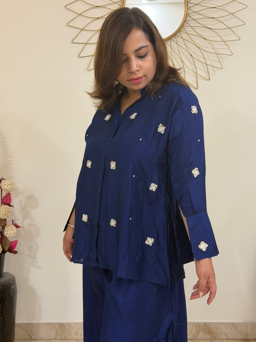 Navy Blue Cotton Silk Coord Set with Zardozi-Embroidered Shirt