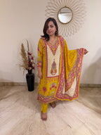 Yellow Three-Piece Crepe Suit Set with Neck Embellishments & Tassel Hem