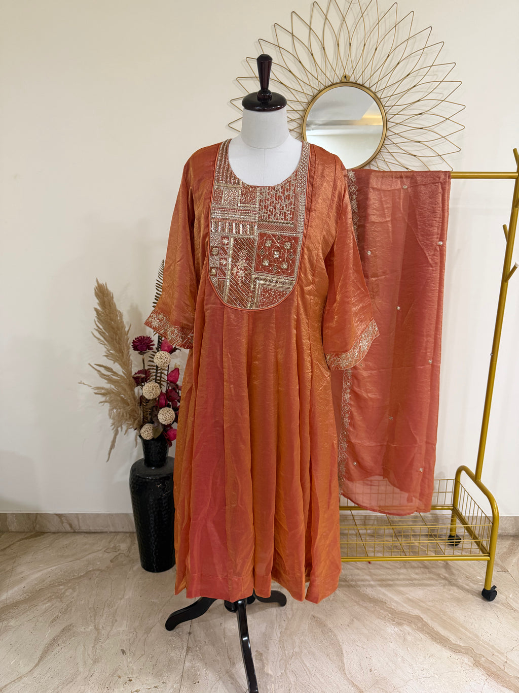 Burnt Orange Three-Piece Tissue Suit Set with Yoke & Cuff Embroidery
