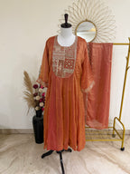 Burnt Orange Three-Piece Tissue Suit Set with Yoke & Cuff Embroidery