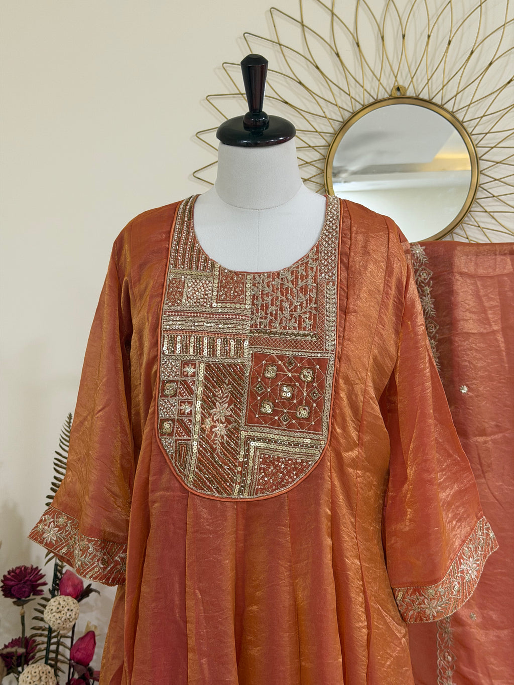 Burnt Orange Three-Piece Tissue Suit Set with Yoke & Cuff Embroidery
