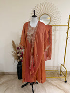 Burnt Orange Three-Piece Tissue Suit Set with Yoke & Cuff Embroidery