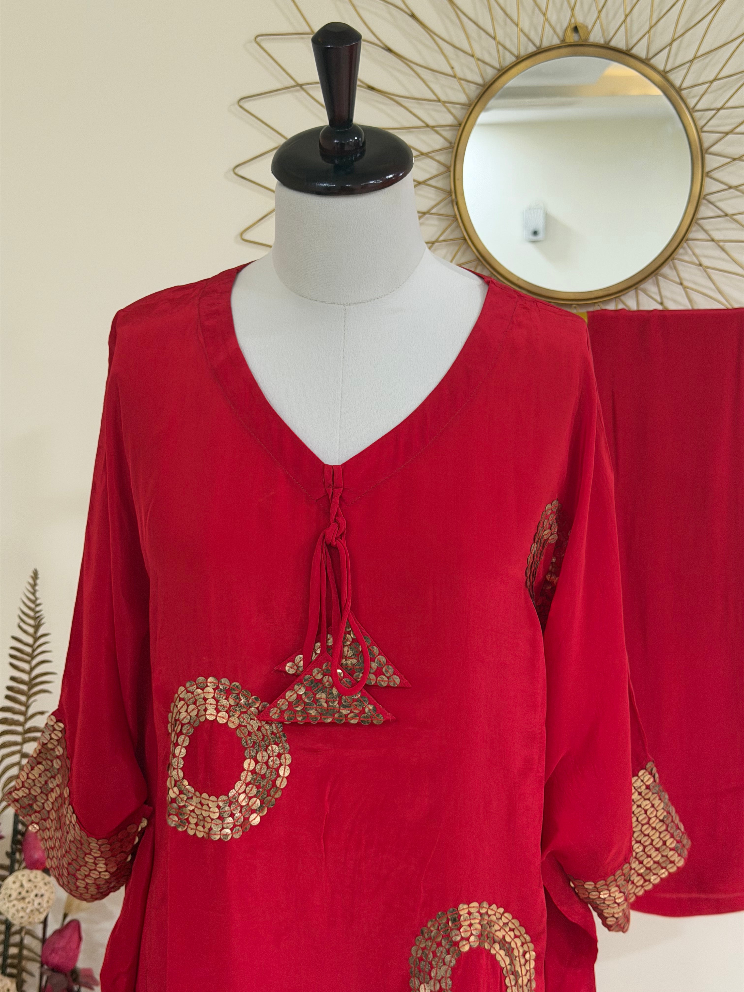 Red Masaba Kaftan Coord Set with Sequin Embellishment