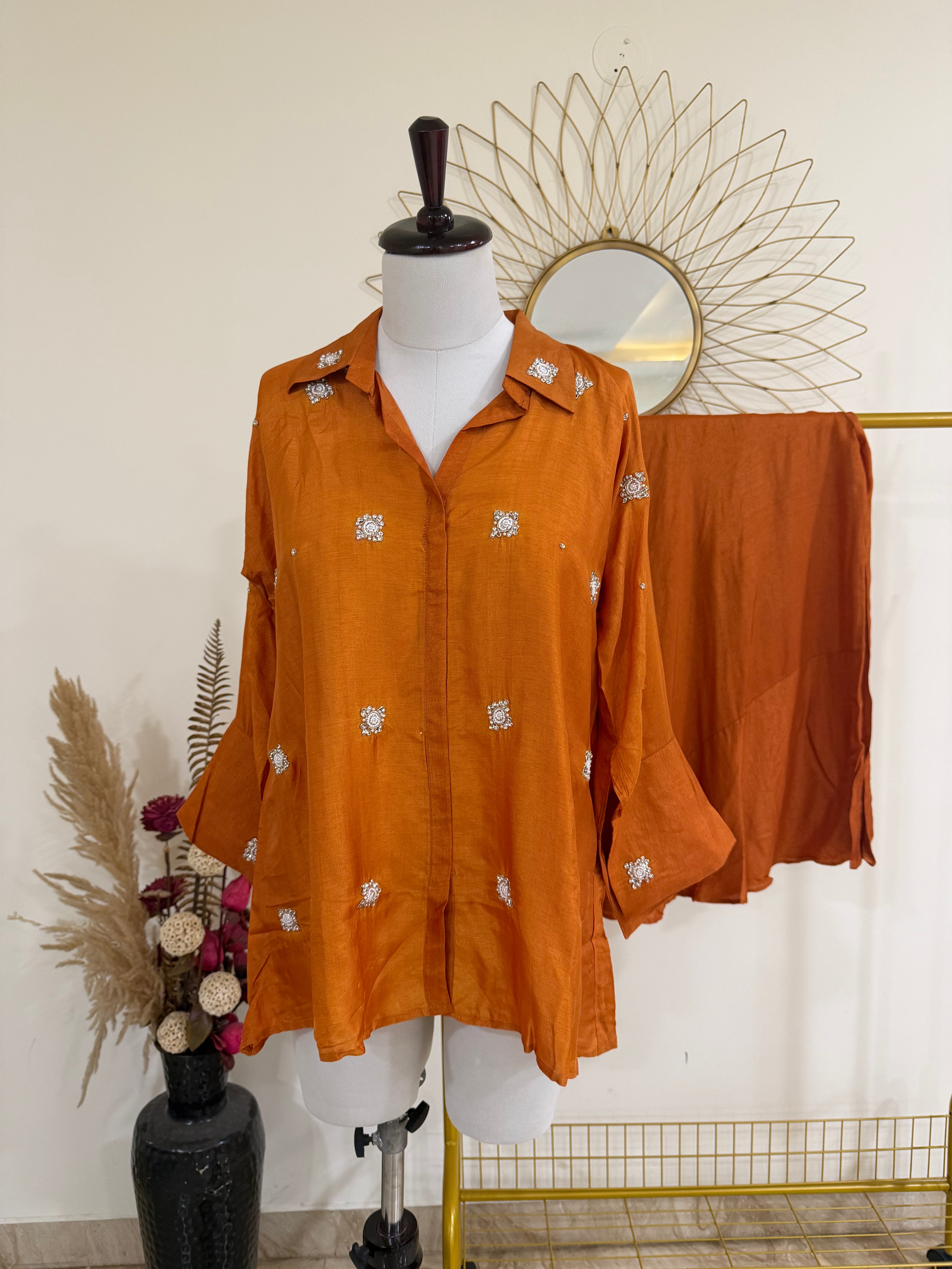 Burnt Orange Cotton Silk Coord Set with Zardozi-Embroidered Shirt