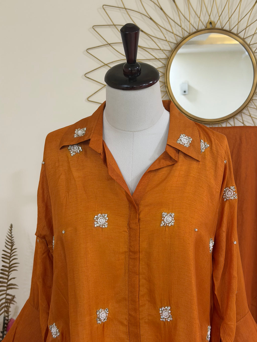 Burnt Orange Cotton Silk Coord Set with Zardozi-Embroidered Shirt