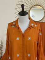 Burnt Orange Cotton Silk Coord Set with Zardozi-Embroidered Shirt