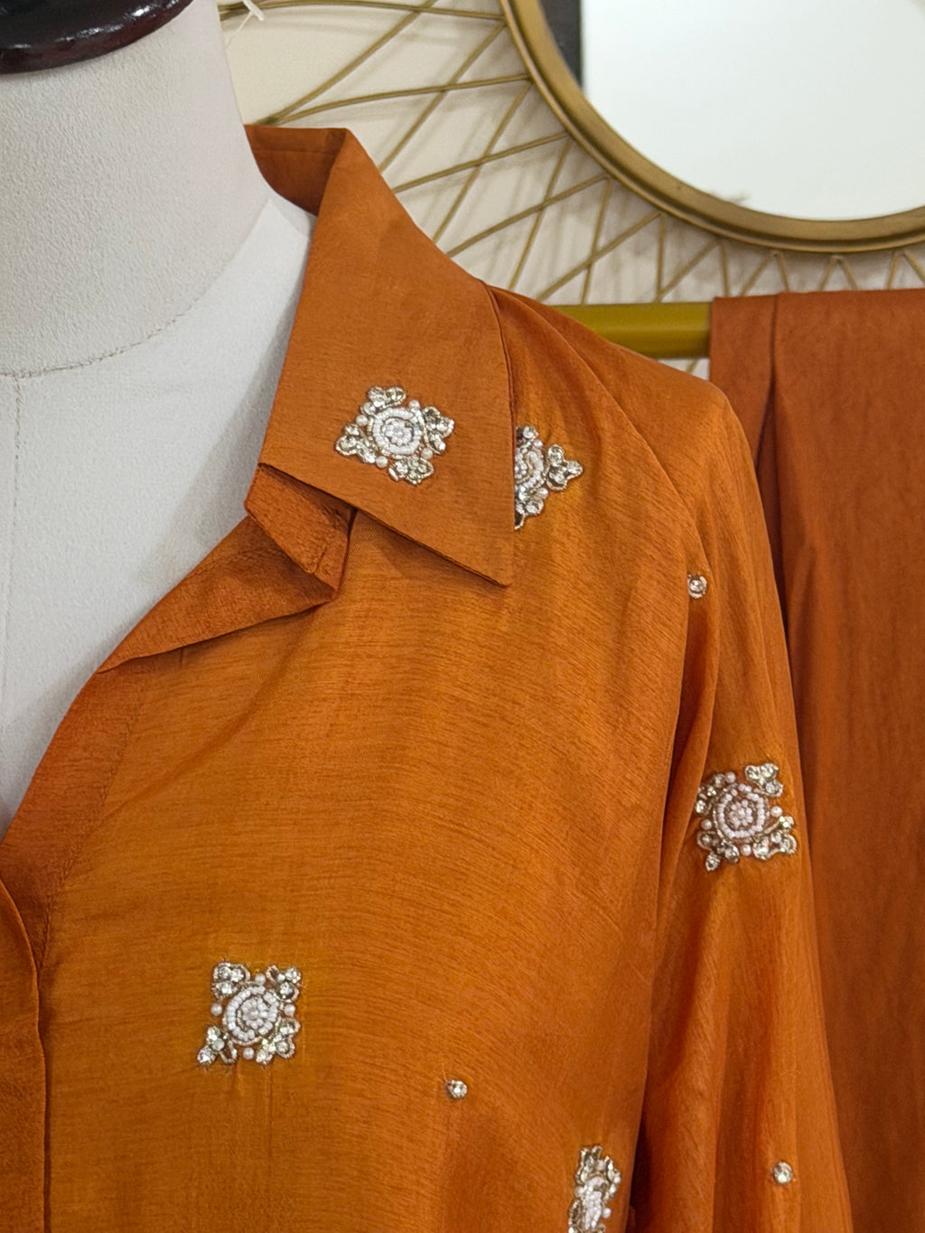 Burnt Orange Cotton Silk Coord Set with Zardozi-Embroidered Shirt