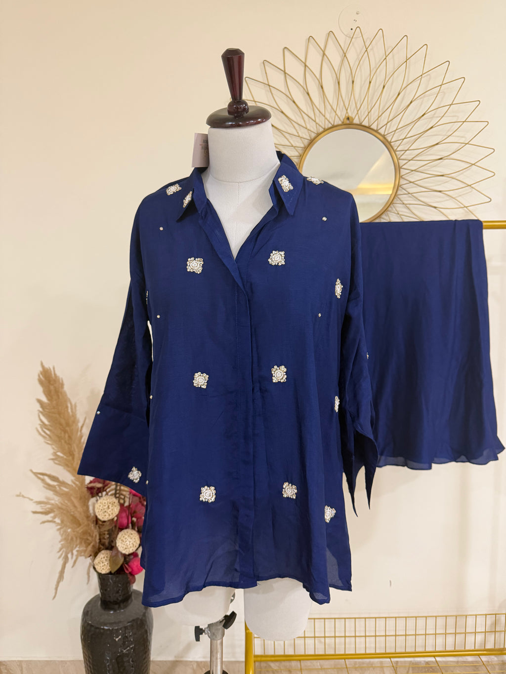 Navy Blue Cotton Silk Coord Set with Zardozi-Embroidered Shirt