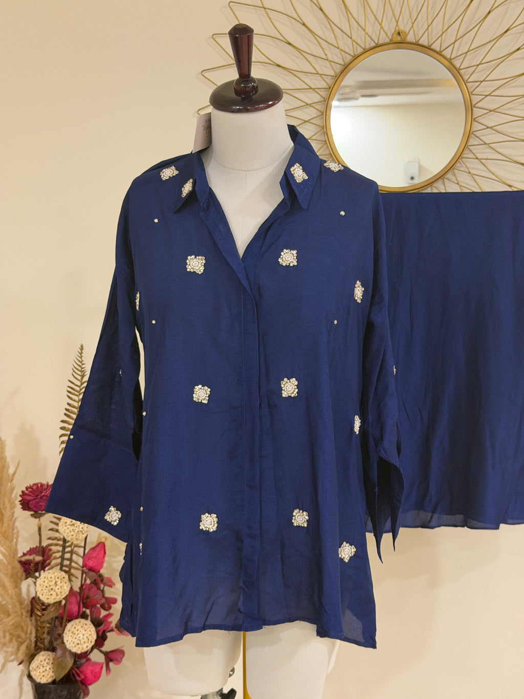 Navy Blue Cotton Silk Coord Set with Zardozi-Embroidered Shirt