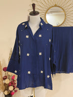 Navy Blue Cotton Silk Coord Set with Zardozi-Embroidered Shirt