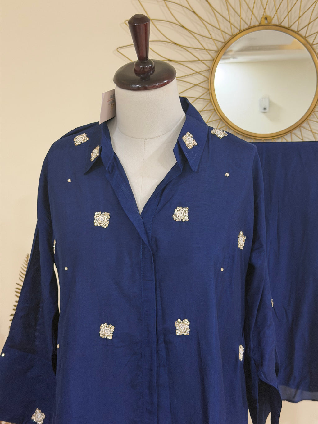 Navy Blue Cotton Silk Coord Set with Zardozi-Embroidered Shirt