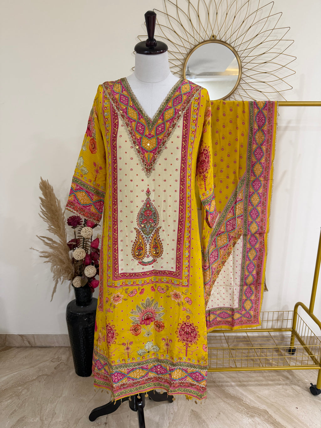 Yellow Three-Piece Crepe Suit Set with Neck Embellishments & Tassel Hem
