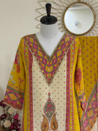 Yellow Three-Piece Crepe Suit Set with Neck Embellishments & Tassel Hem