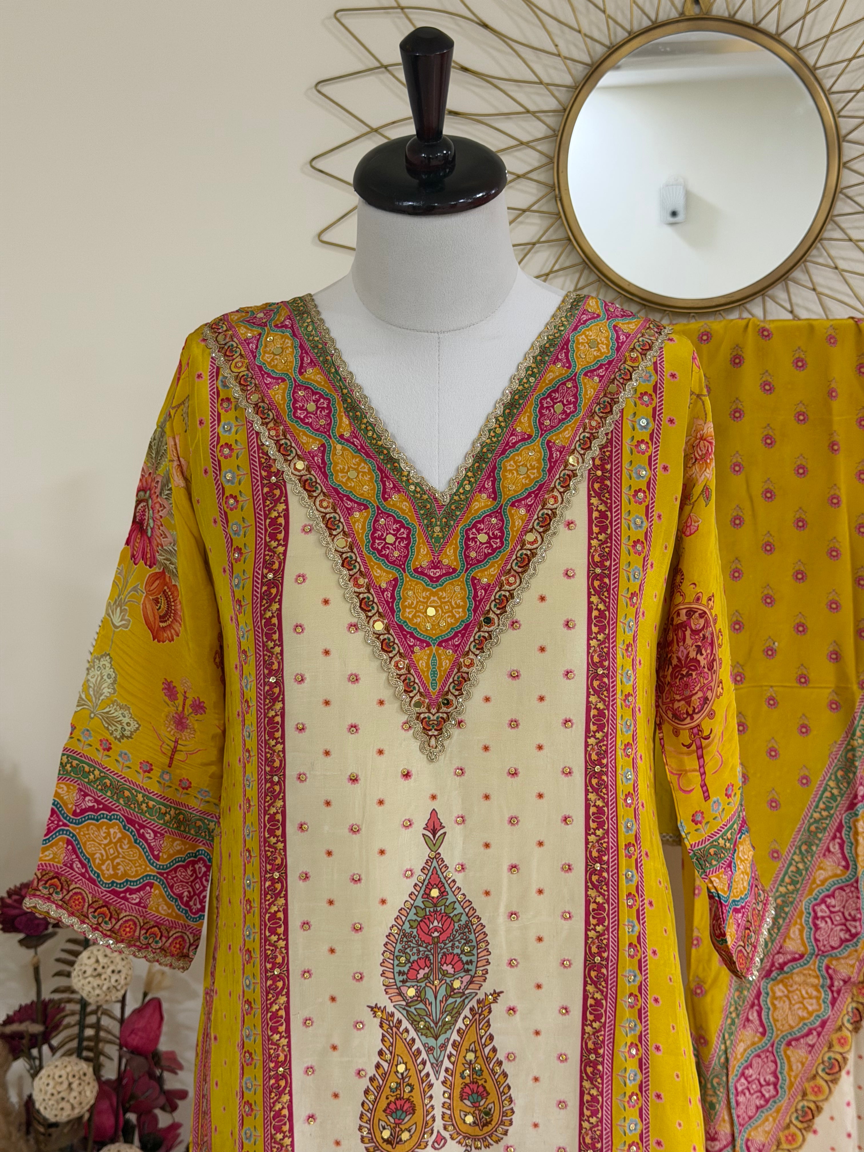 Yellow Three-Piece Crepe Suit Set with Neck Embellishments & Tassel Hem