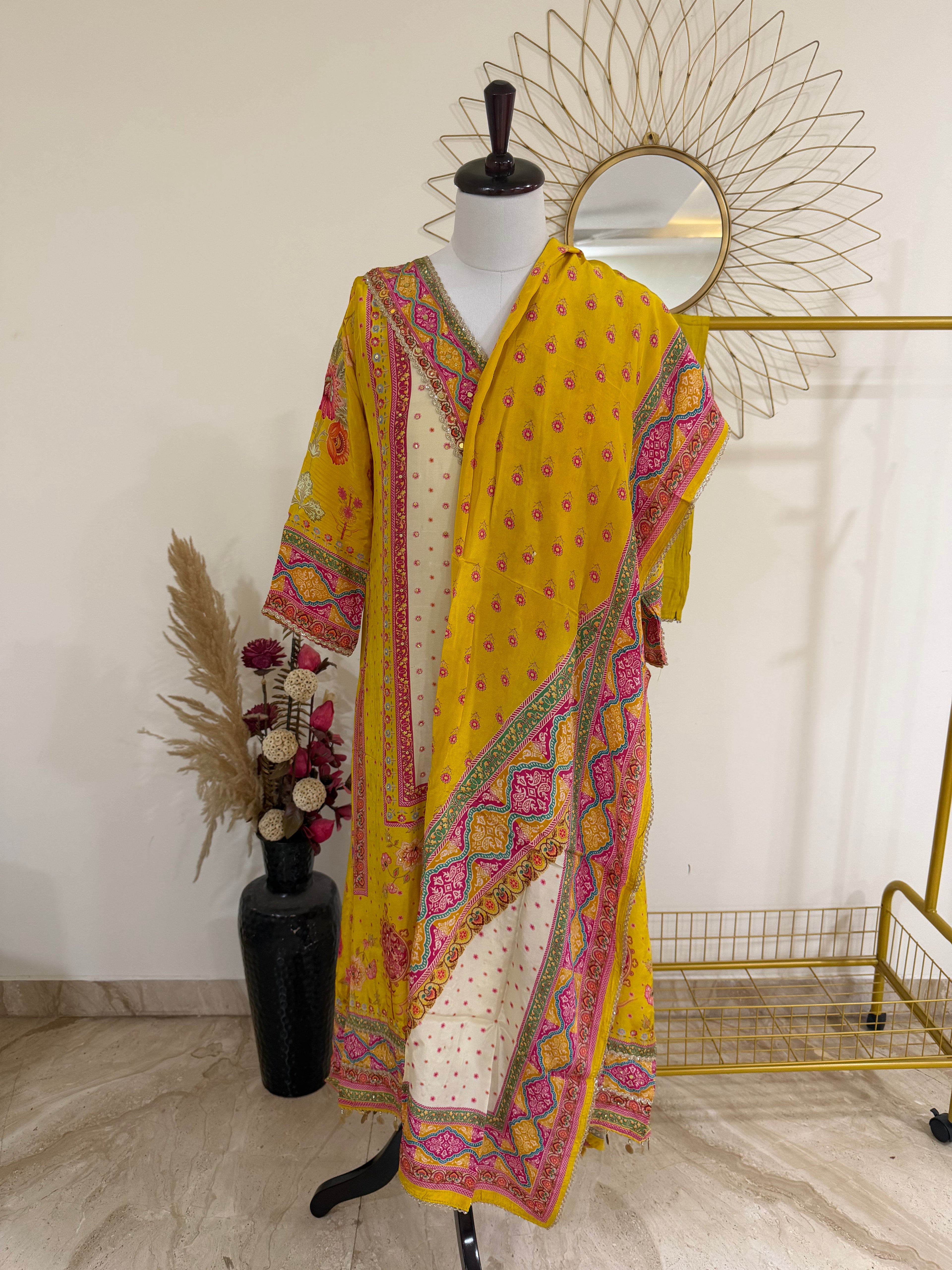 Yellow Three-Piece Crepe Suit Set with Neck Embellishments & Tassel Hem
