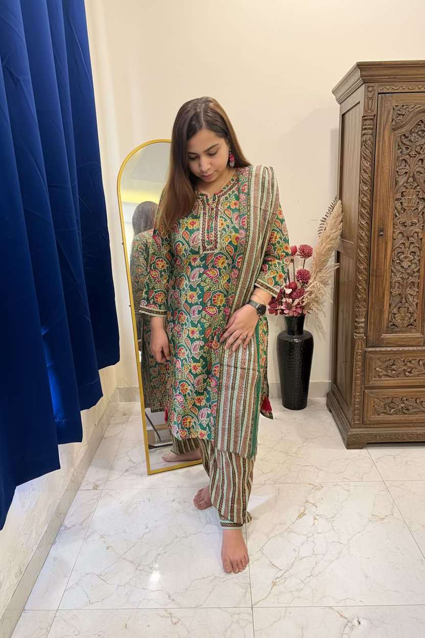 A woman models a traditional Indian salwar kameez suit in a home setting. The outfit features a multicolor floral print kurta with a green base, matching striped trousers, and a striped dupatta.